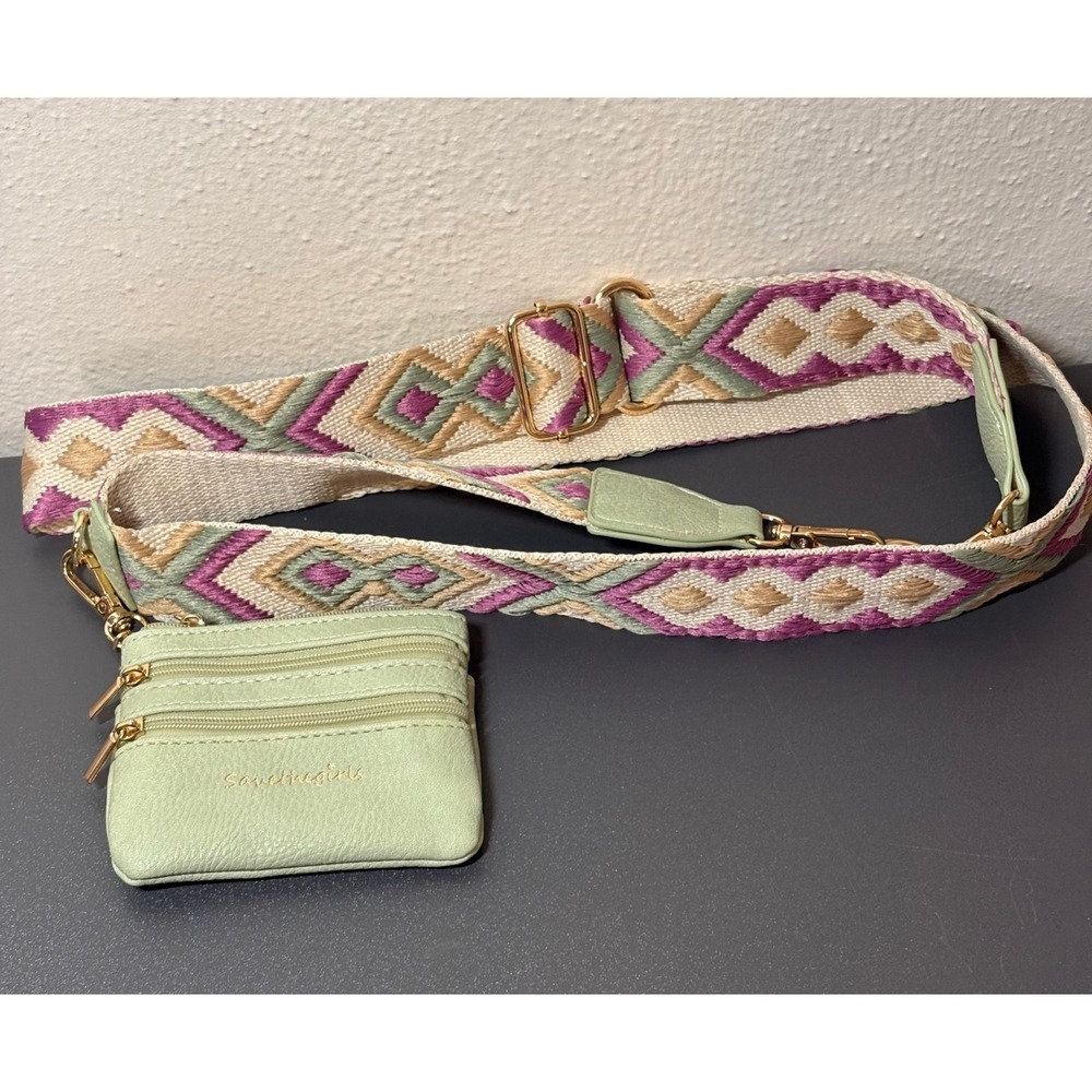 Savethegirls Guitar Strap Pouch Women OS Green Excellent Woven Geometric Boho